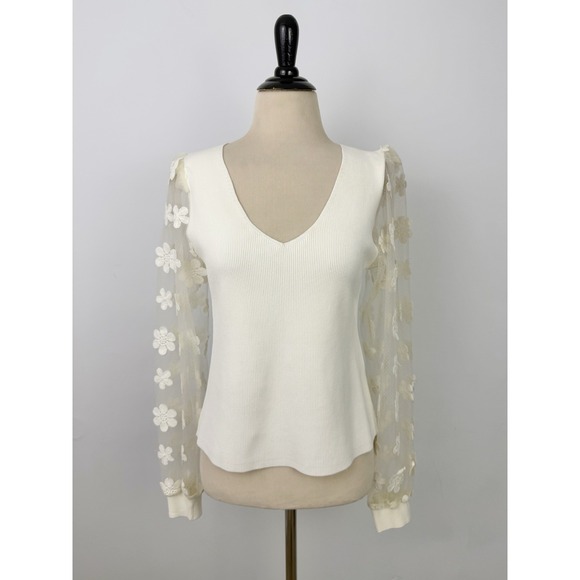 dolan Sweaters - DOLAN Sheer Sleeve Applique SWEATER Top M Anthropologie 3D Cream Feminine Fairy